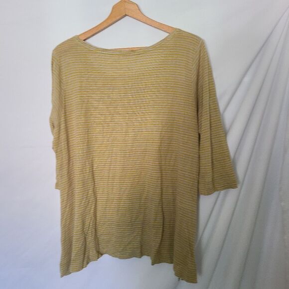 Eileen Fisher Mustard Yellow Striped 100% Organic Linen 3/4 Sleeve Pullover - Picture 2 of 4